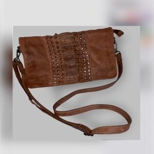 CIVICO 9 Cognac Brown Genuine Leather Cross-Body Shoulder Handbag Boho Purse.
